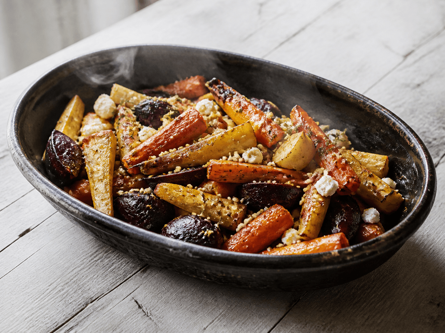 Dybt karamelliserede gulerødder, pastinakker, rødbeder og knoldselleri i mørkt stentøjsfad med miso-honningglasering, boghvedeknas, citron, timian og friskost