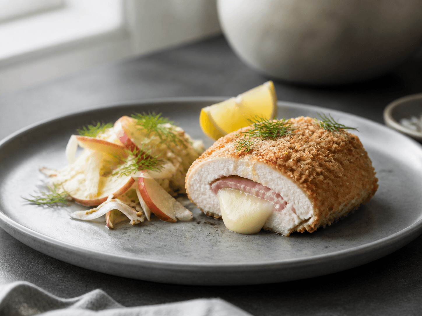Skåret kyllinge-Cordon Bleu med gylden rugpanering, røget skinke og smeltet Vesterhavsost på grå tallerken med sprød æble-kålsalat, dild og citron