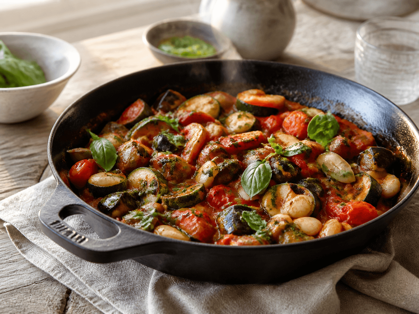 Rustik ratatouille i sort støbejernspande med ristede stykker af aubergine, squash, peber, fennikel og tomat, hvide bønner og basilikumolie