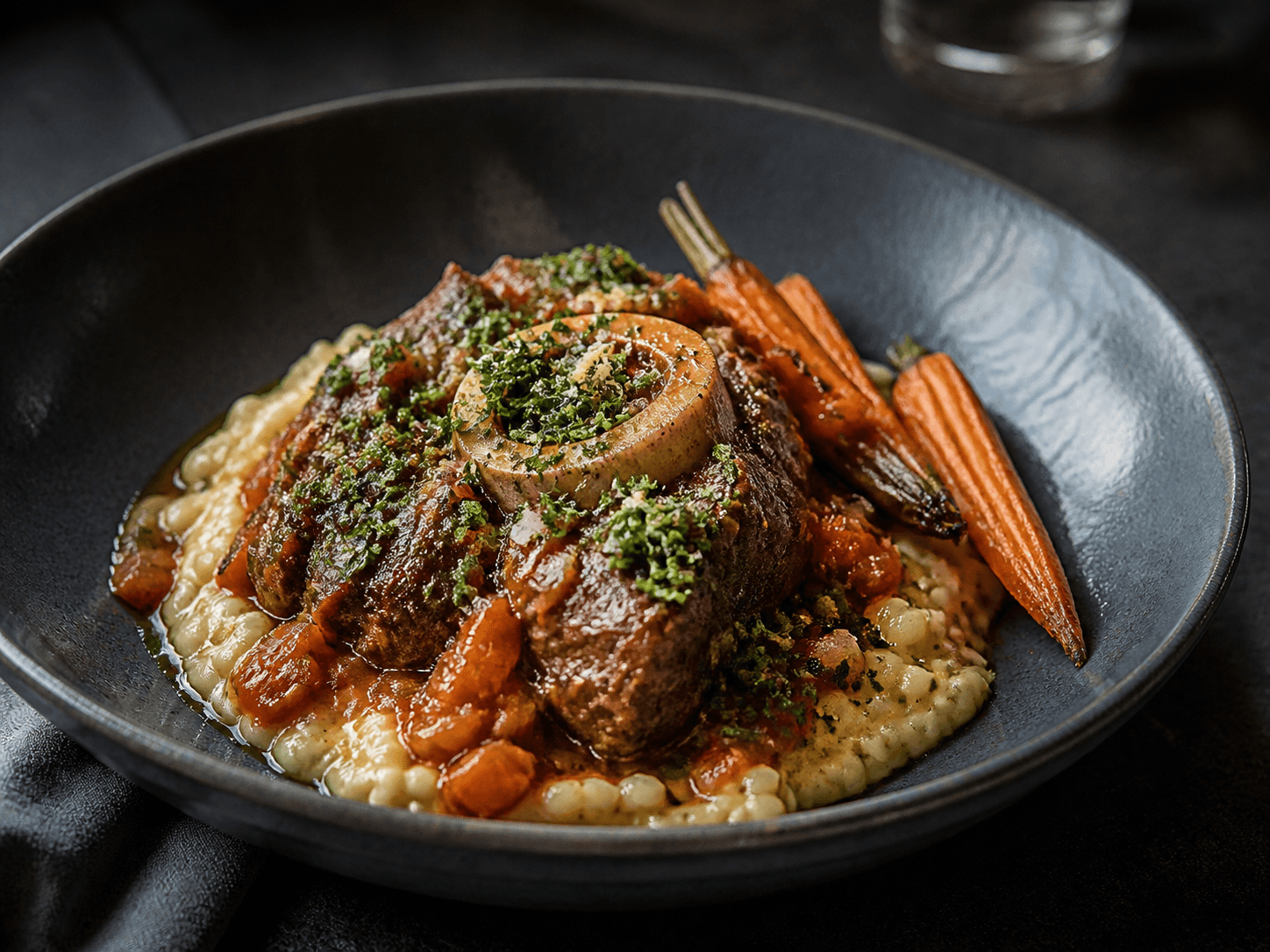 Mør braiseret osso buco med synlig marvknogle i skiferblå skål over cremet safran-bygotto, tomat-cidersauce, gulerødder og grøn peberrodsgremolata