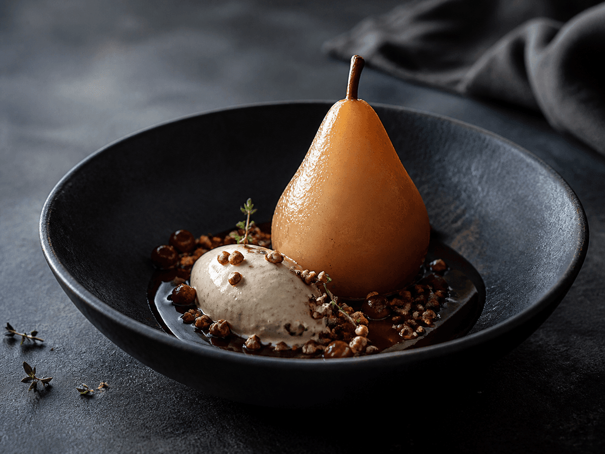 Ravfarvet ciderpocheret pære i midnatsblå skål med mørk chokoladesauce, vaniljeskyris, boghvede-hasselnøddebrittle, tyttebær og citrontimian