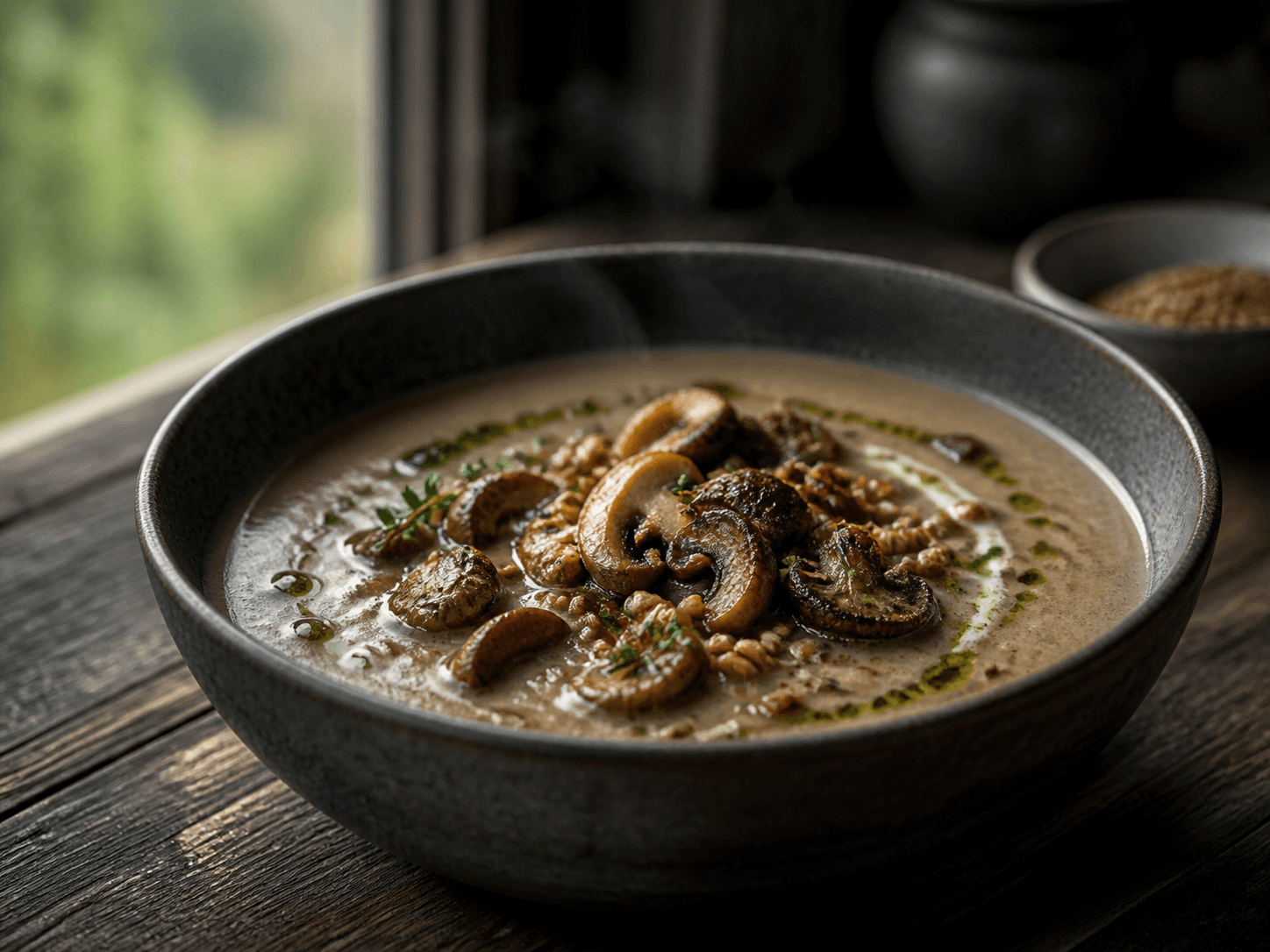Mørk ristet champignonsuppe i sort skål med brunede svampe, perlebygknas, brunet smør og grøn purløgsolie