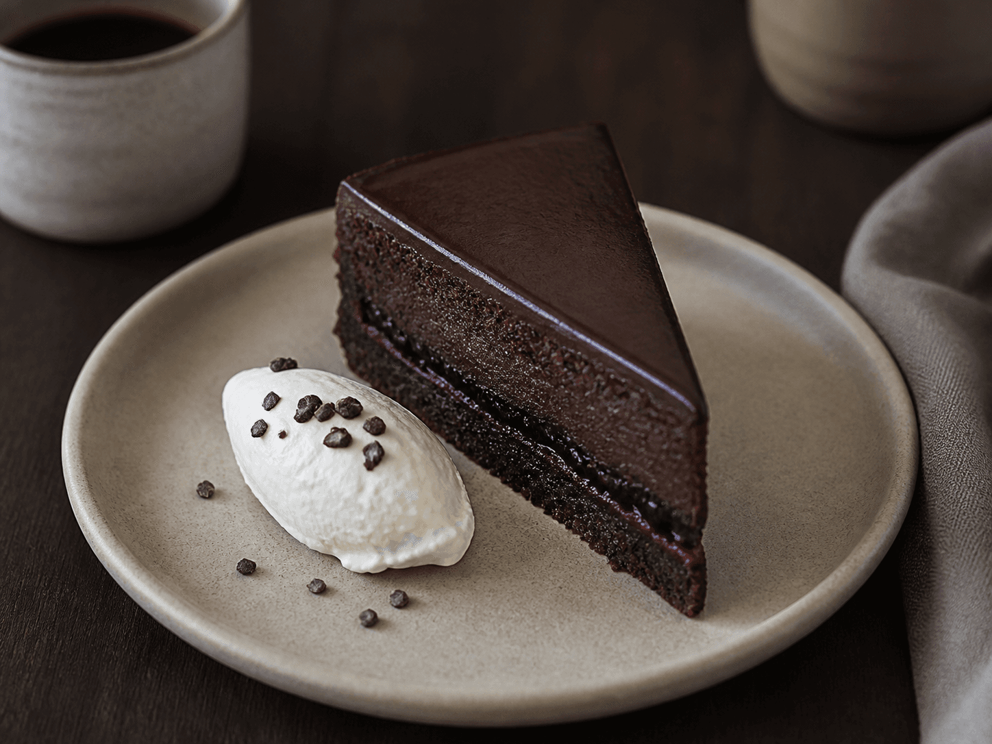 Højt snit espresso-chokoladekage med rug, blank kaffeganache, mørkt solbærlag, mascarpone-skyr, kakaonibs og solbær