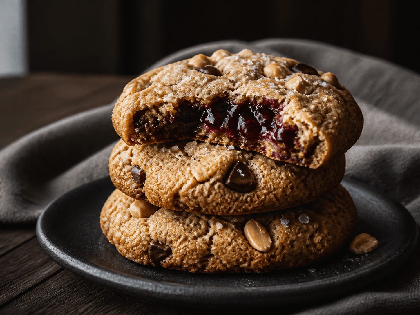 Tre tykke peanut-rugcookies med mørk chokolade, ristede peanuts, flagesalt og blank solbærkerne stablet på sort keramik