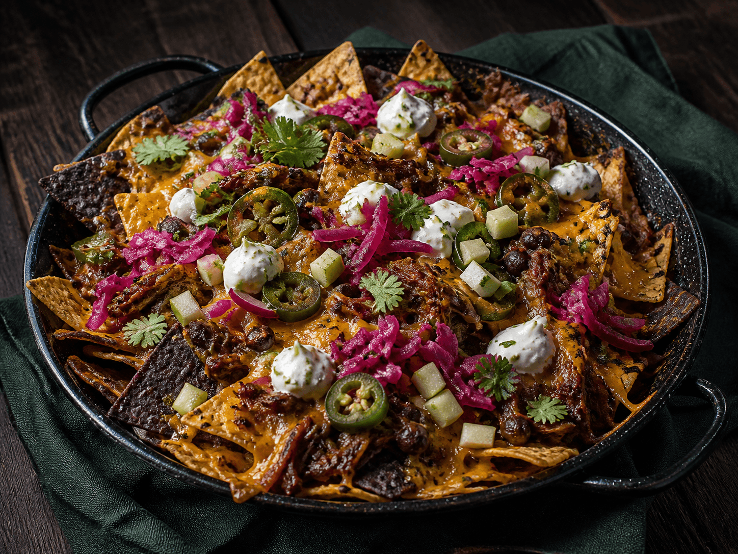 Mørkt rundt luksusnachosfad med gule og blå majschips, braiseret oksekød, sorte bønner, røget cheddar, syltet rødkål, æblesalsa, jalapeño og limeskyr