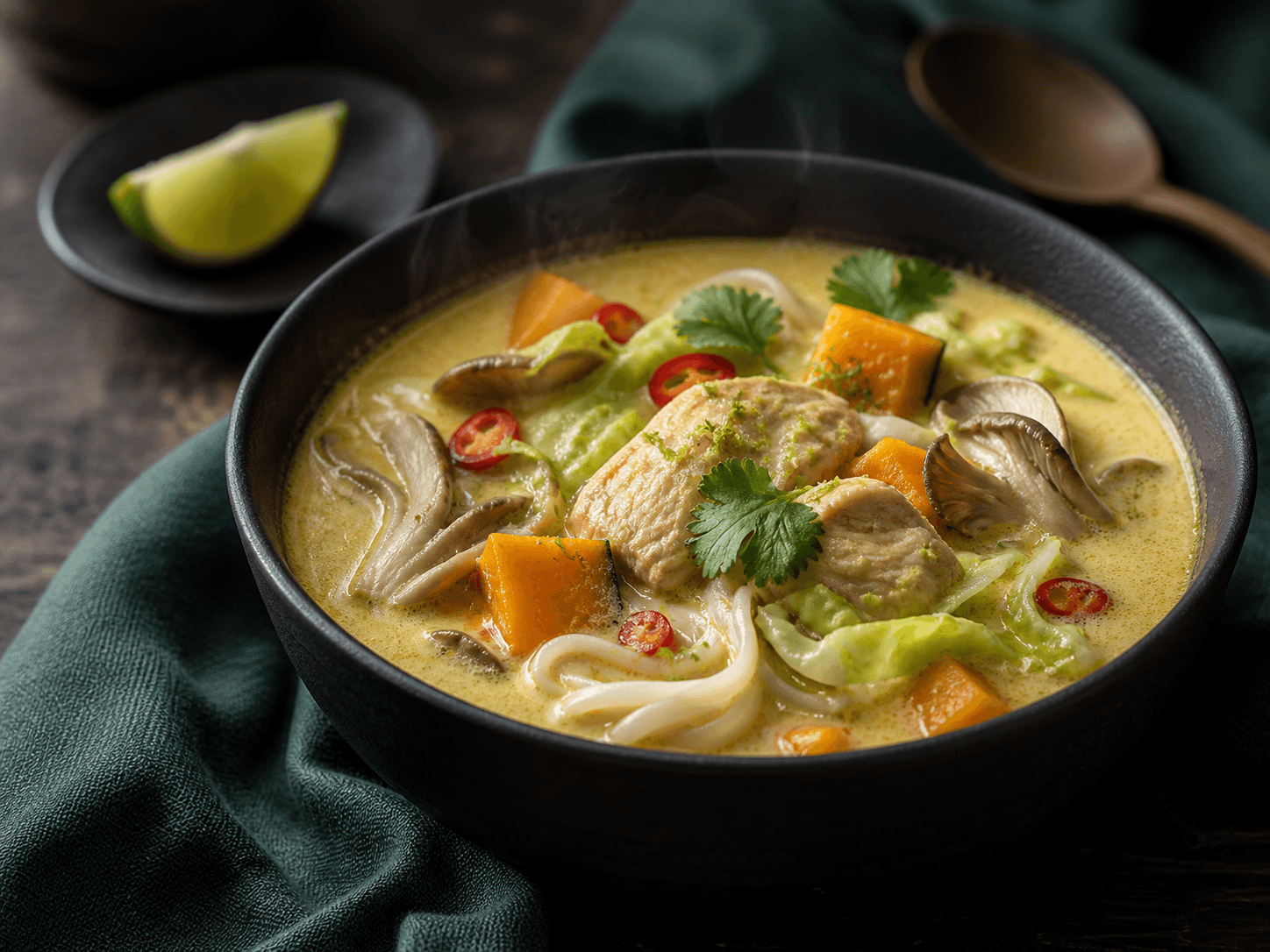 Gylden thai-kokossuppe i mat sort skål med gennemstegt kylling, græskar, østershatte, spidskål, risnudler, chili og koriander