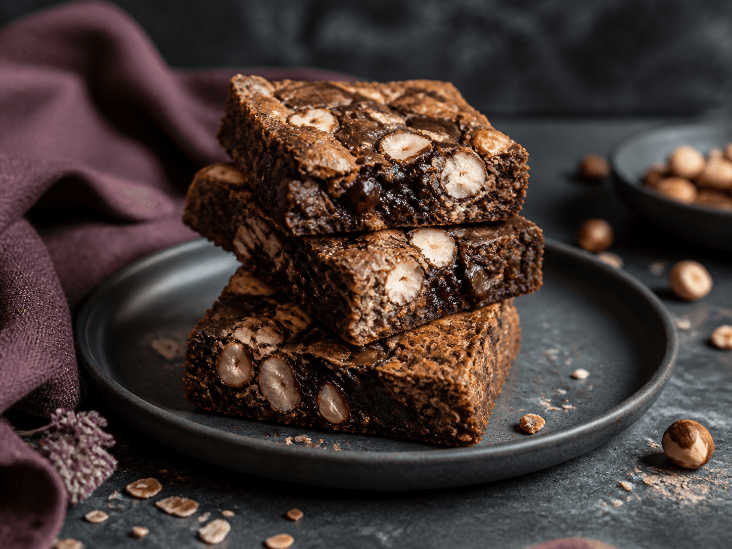 Tre tykke cookie bars med mørk chokolade, hasselnødder og solbærkaramel stablet på mørk tallerken