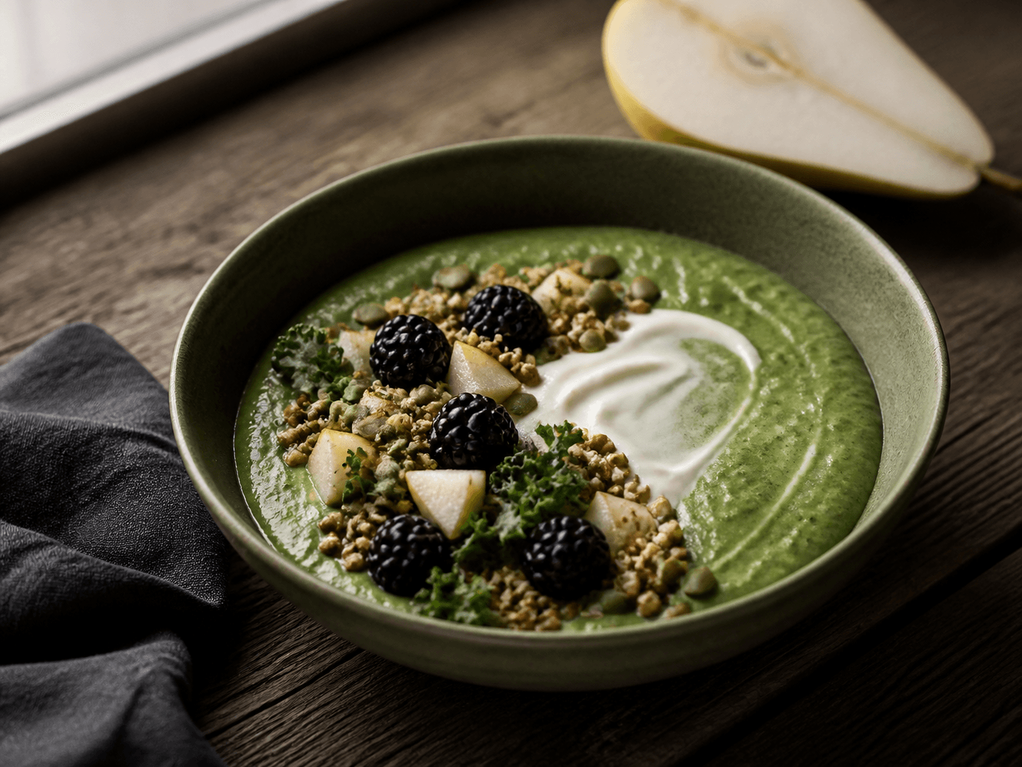 Cremet grøn morgenmadsskål med grønkål, pære, avocado og skyr toppet med boghvedeknas, græskarkerner, brombær og pære