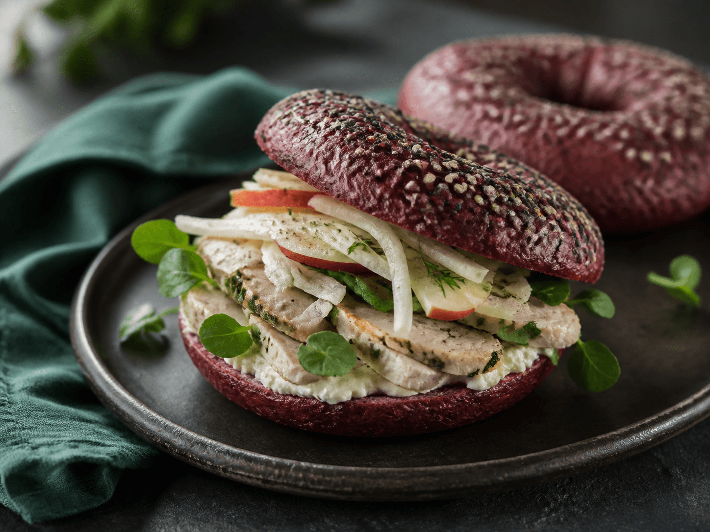 Mørk rødbede-rugbagel med gennemstegt urtekylling, peberrodsflødeost, æble-fennikelslaw og brøndkarse på sort tallerken