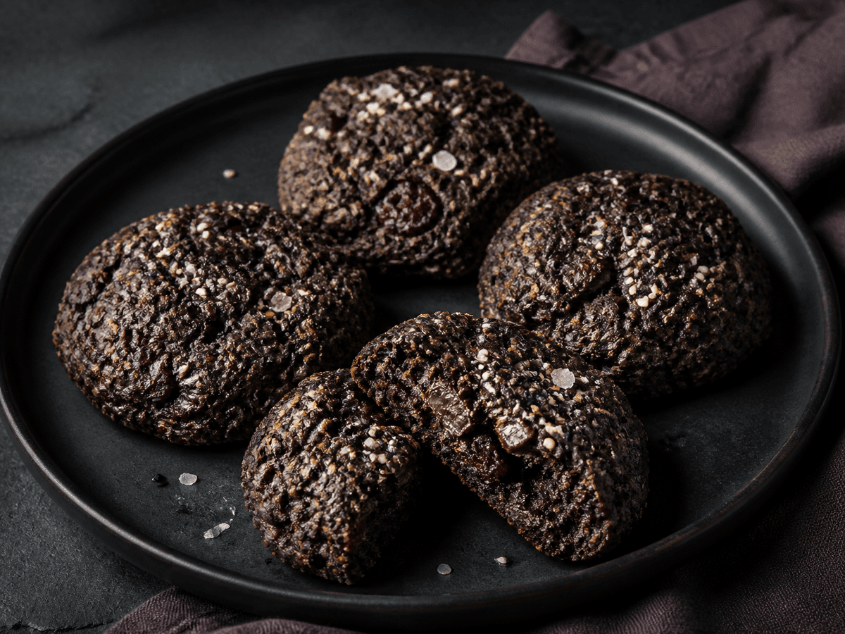 Fire mørke sorte bønnecookies med tahin, mørk chokolade, surkirsebær, sesam og flagesalt på mat sort tallerken