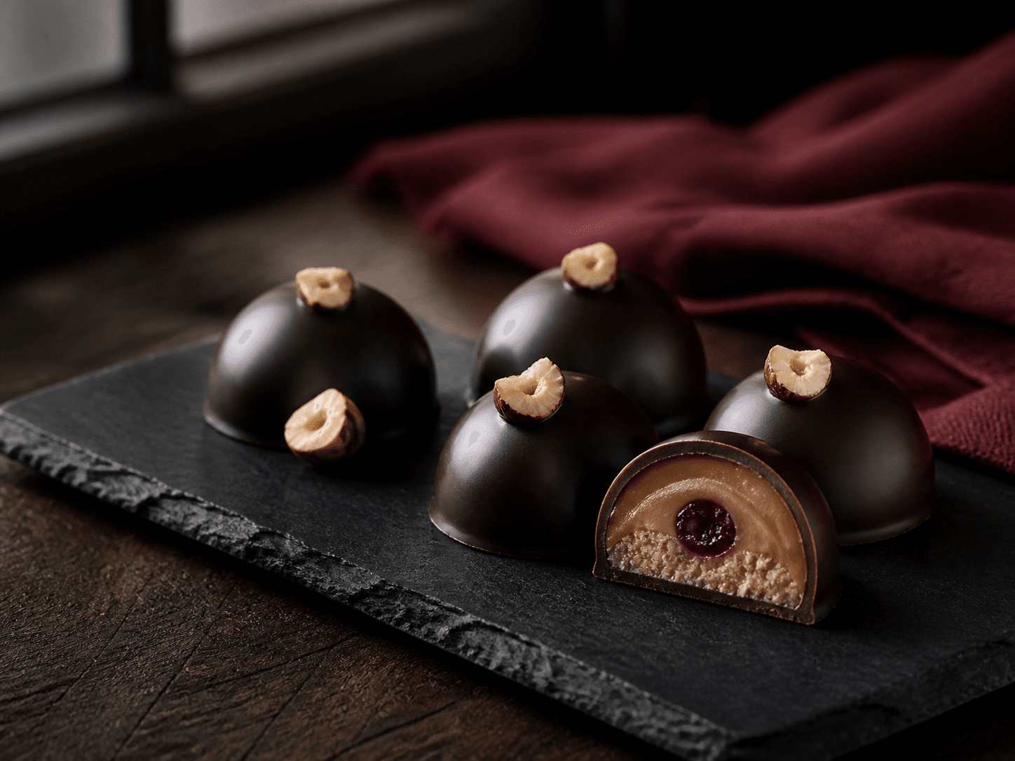 Fem blanke mørke chokoladekupler med hasselnød; en halv kuppel viser brunet smørkaramel, rugpraline og rubinrød tyttebærgel