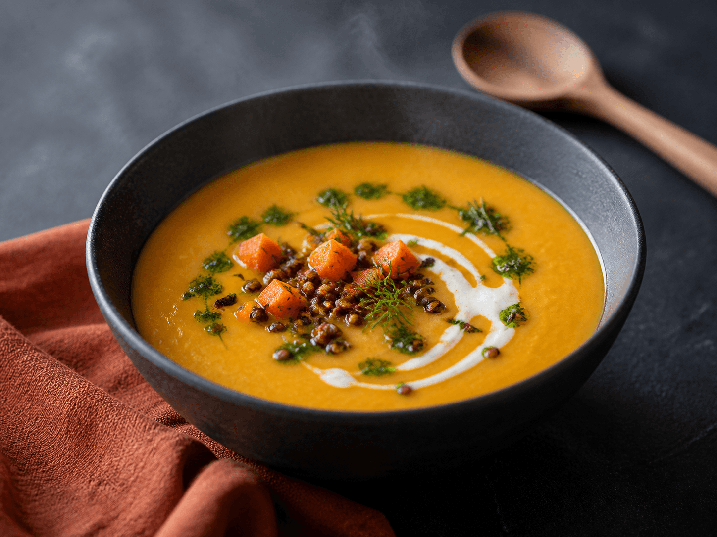 Tyk orange gulerods-pastinaksuppe i mat sort skål med dildolie, havrefløde, sorte linser, rugknas og bagte gulerodstern