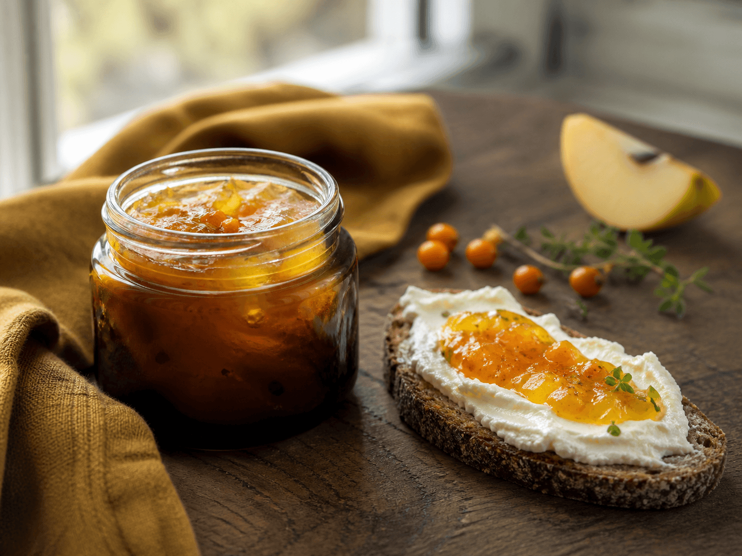 Åbent ravfarvet glas med gylden bergamotte-kvæde-havtornmarmelade og en skive mørkt rugbrød med friskost og marmelade