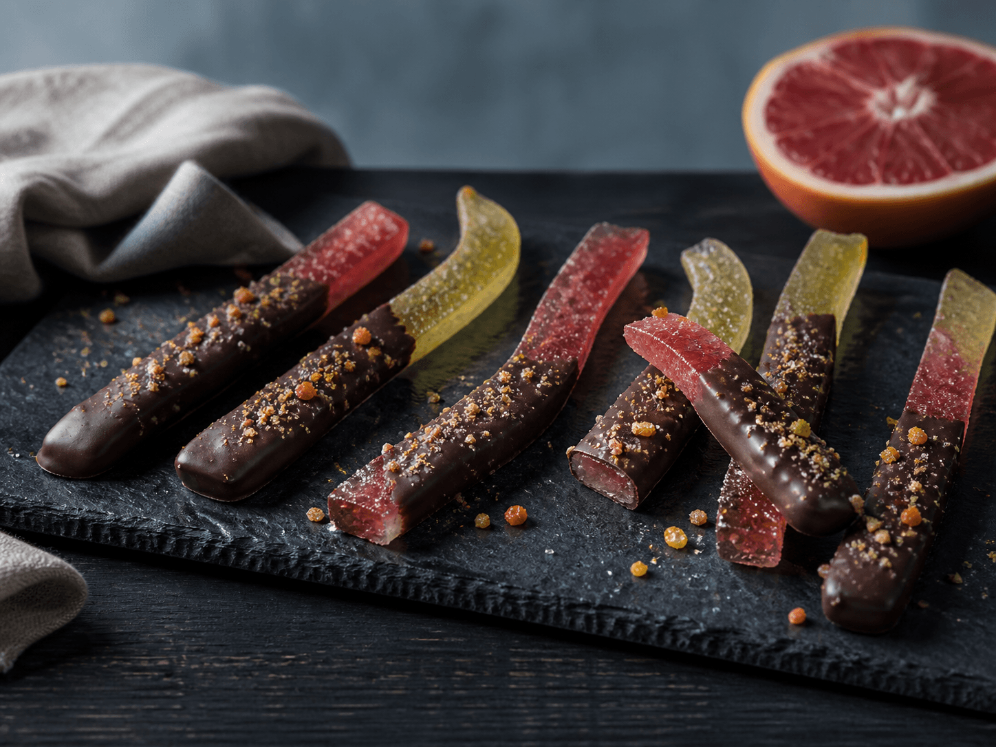 Kandiserede strimler af blodgrape og bergamotte halvt dyppet i mørk chokolade på sort skifer