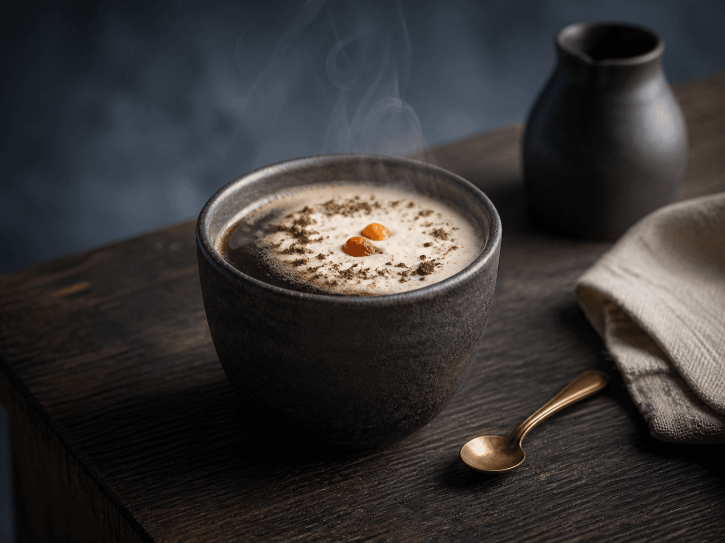 Dampende nordisk kaffe med birkesirup, akvavit og havrefløde i et mørkt stentøjskrus