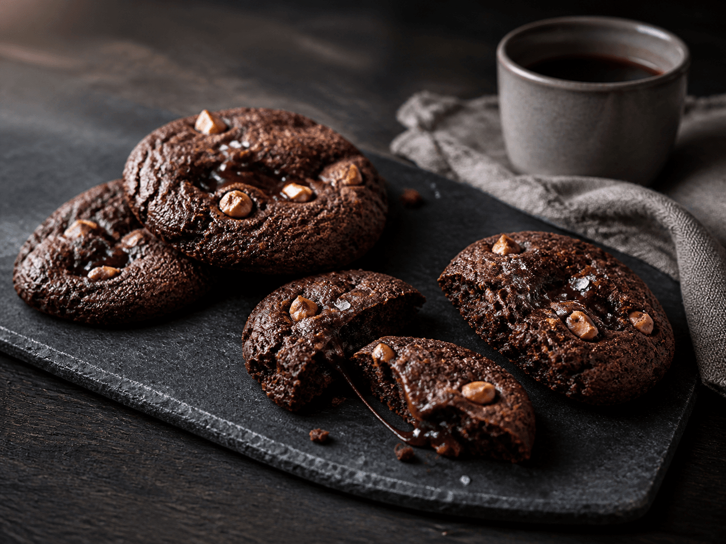 Tykke mørke rugcookies med solbærkaramel, chokoladestykker og hasselnød på sort skifer