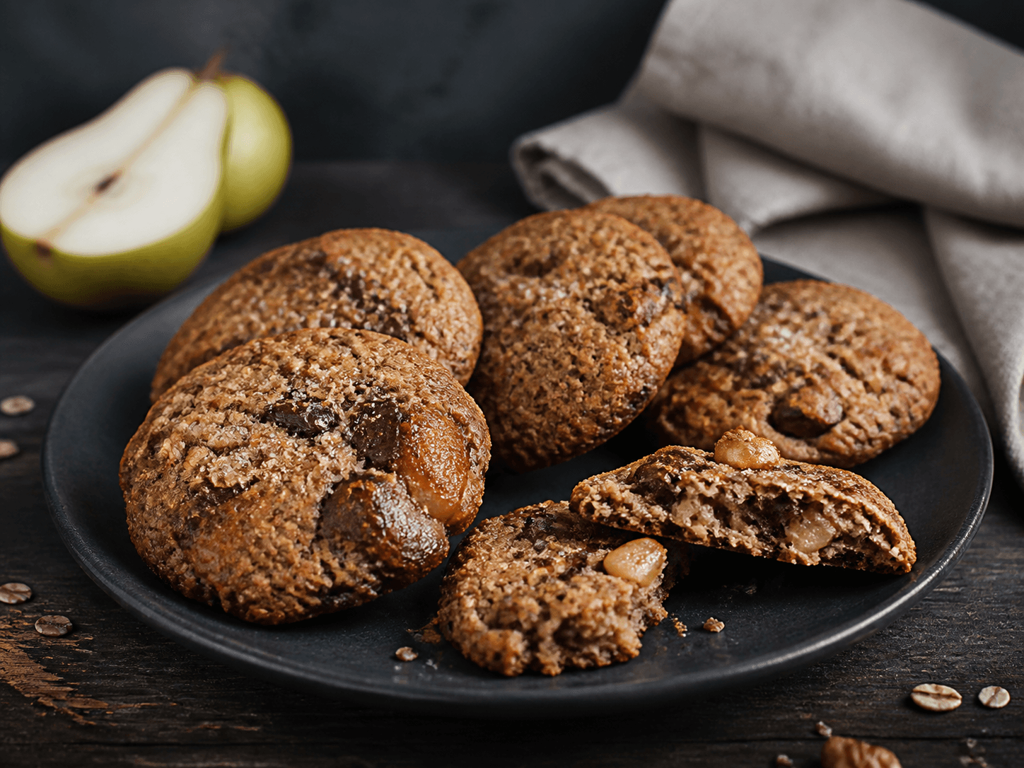 Rustikke havre-rugcookies med karamelliseret pære, valnød og mørk chokolade på sort tallerken