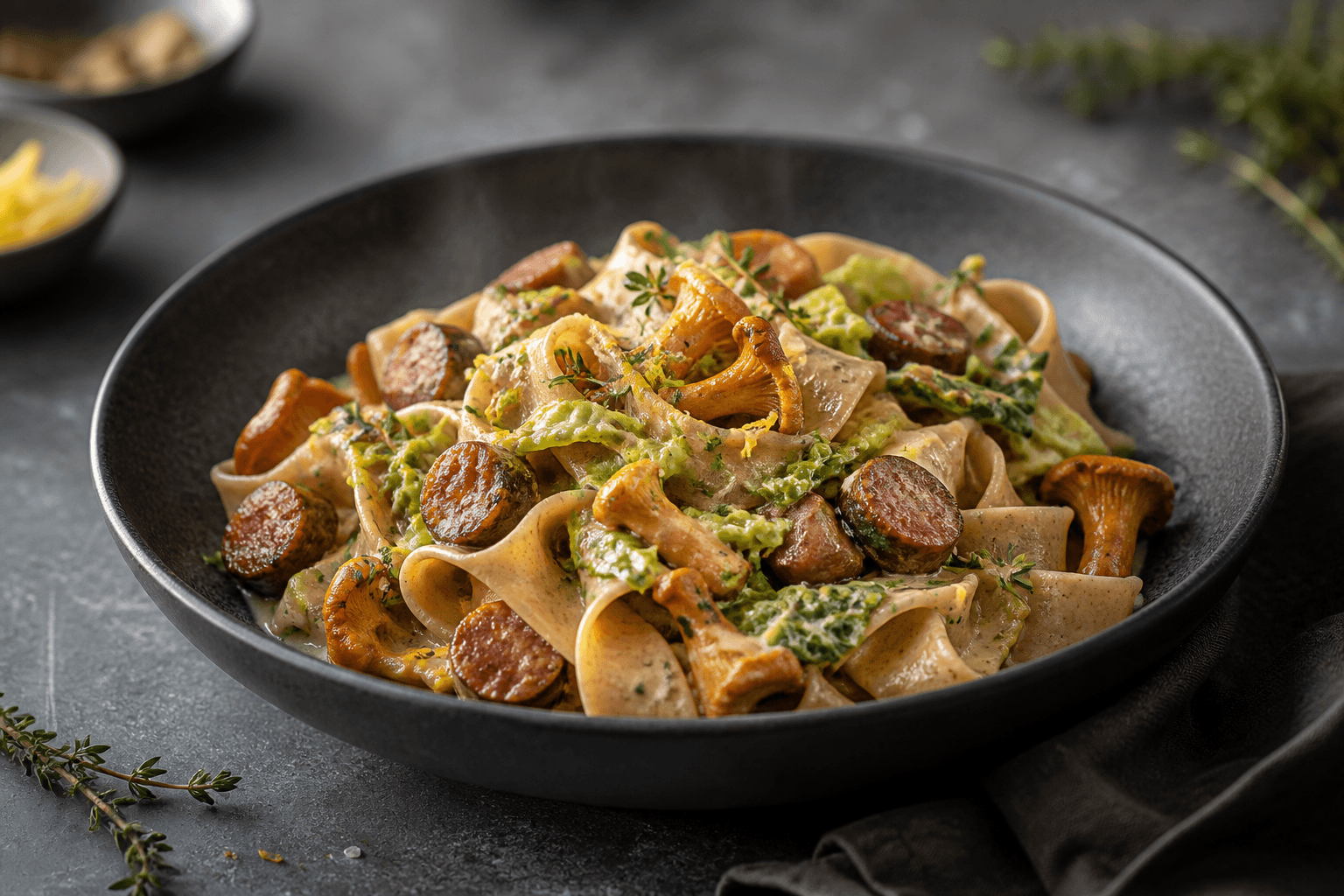 Speltpappardelle med røget lammepølse, kantareller, savojkål og enebærfløde i mørk skål