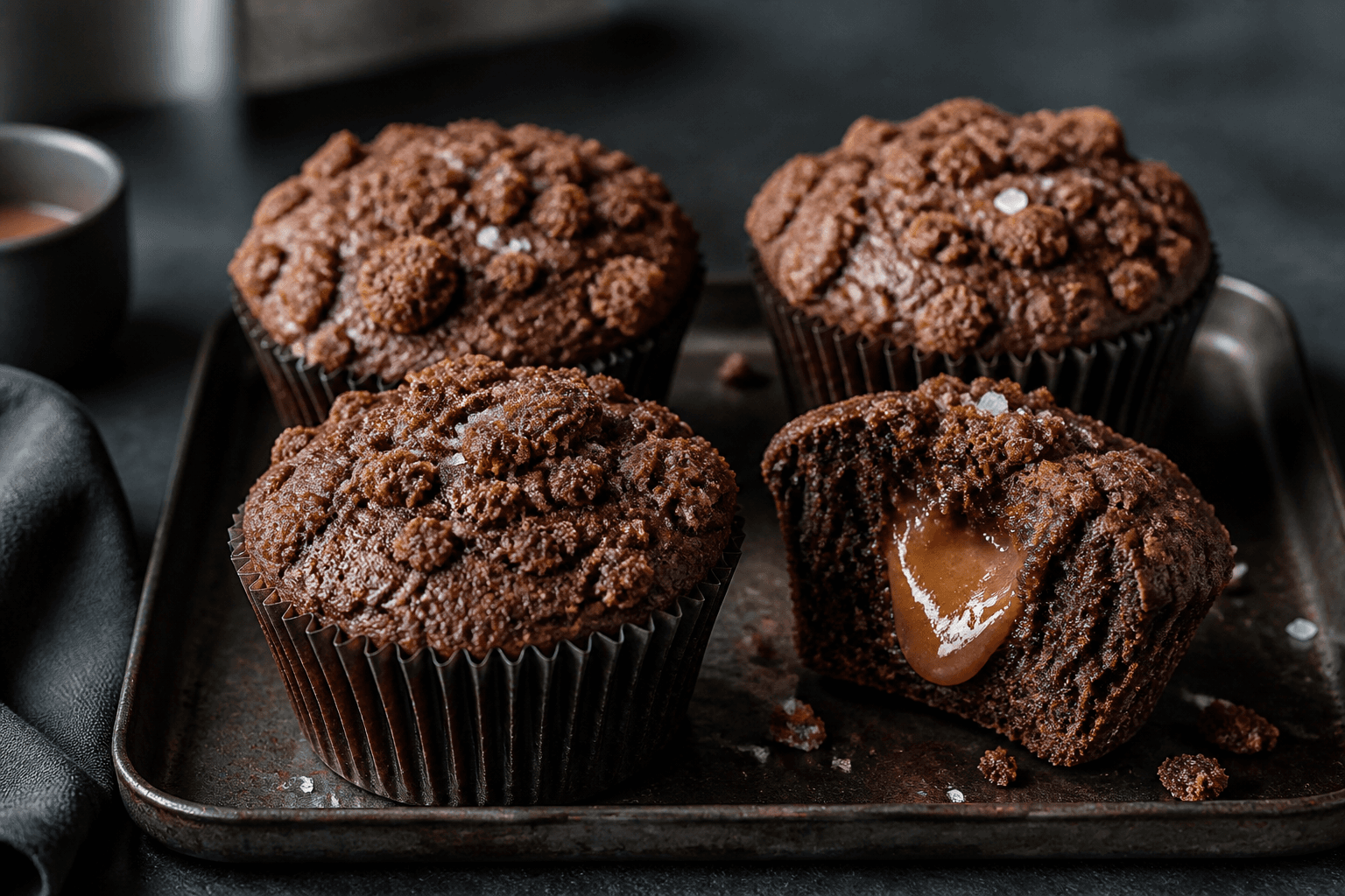 Mørke maltmuffins med æblekaramel, sprødt rugknas og få havsaltflager på sort bageplade