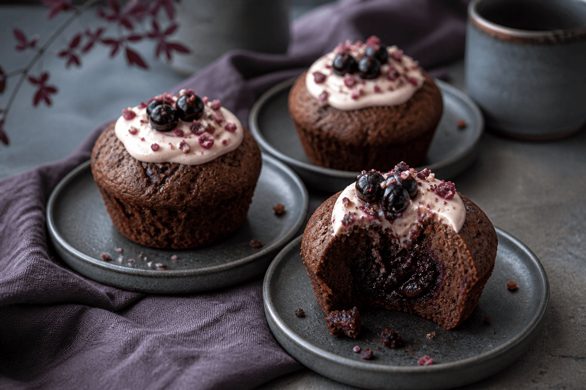 Rødbede-chokolademuffins med solbærkerne og lys kærnemælksganache på mørke tallerkener