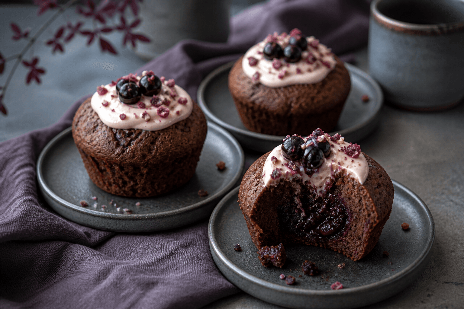 Rødbede-chokolademuffins med solbærkerne og lys kærnemælksganache på mørke tallerkener