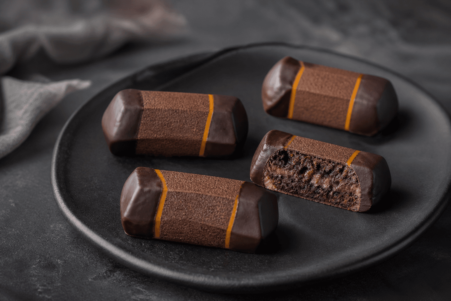 Mørke facetterede rugtrøffelstænger med kaffe, havtornstribe og chokoladedyppede ender