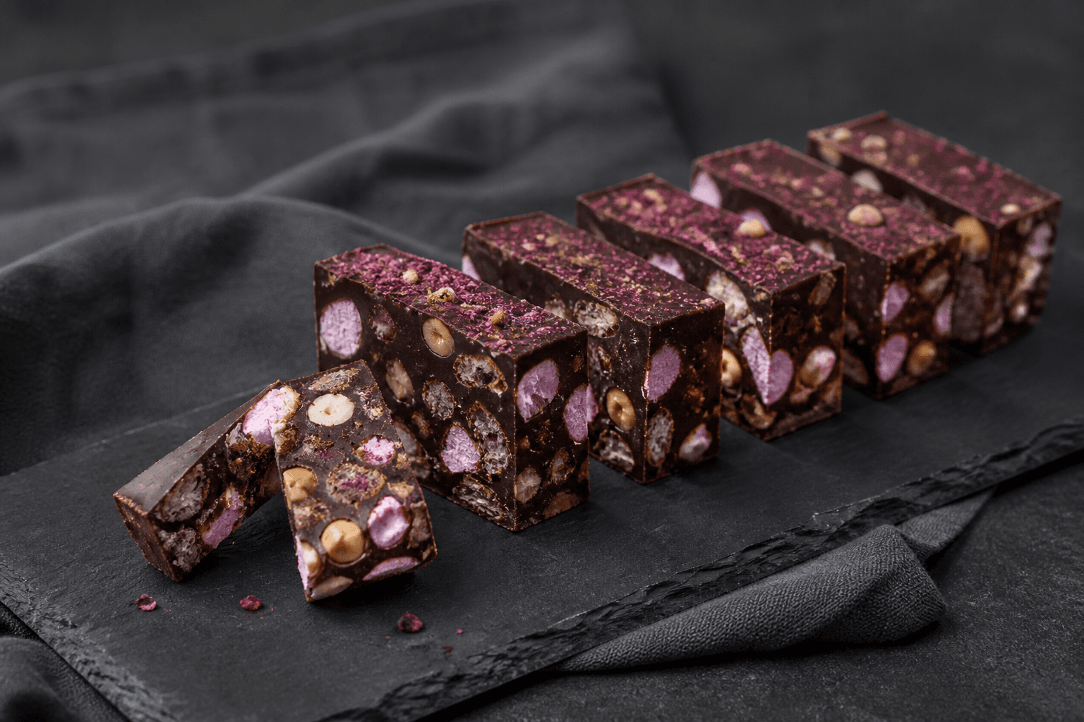 Mørke solbærkonfektbarer med lilla skumfidus, peanuts og sprødt rugknæk på sort skifer