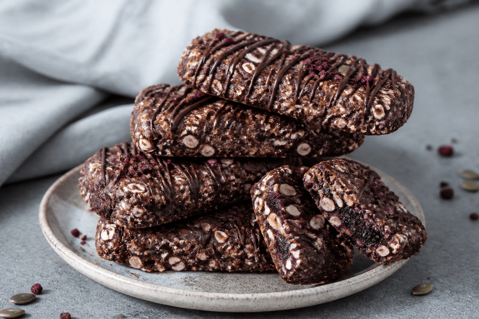 Køleskabsbarer med sveske, rug, solbær, græskarkerner og mørk chokolade på lys stentøjstallerken