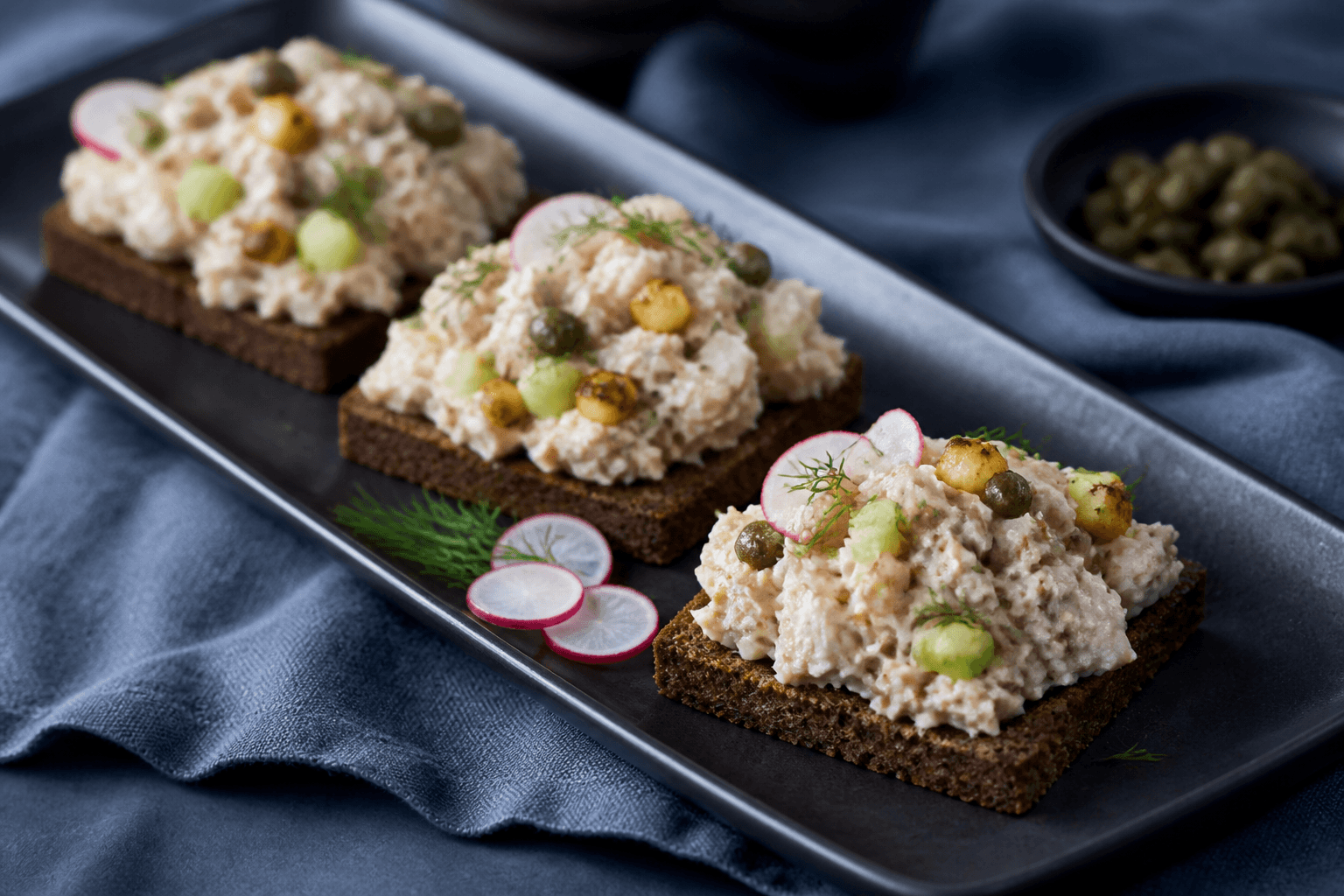 Nordisk tunsalat med bagt selleri, æble, kapers og dild på tre små stykker ristet rugbrød