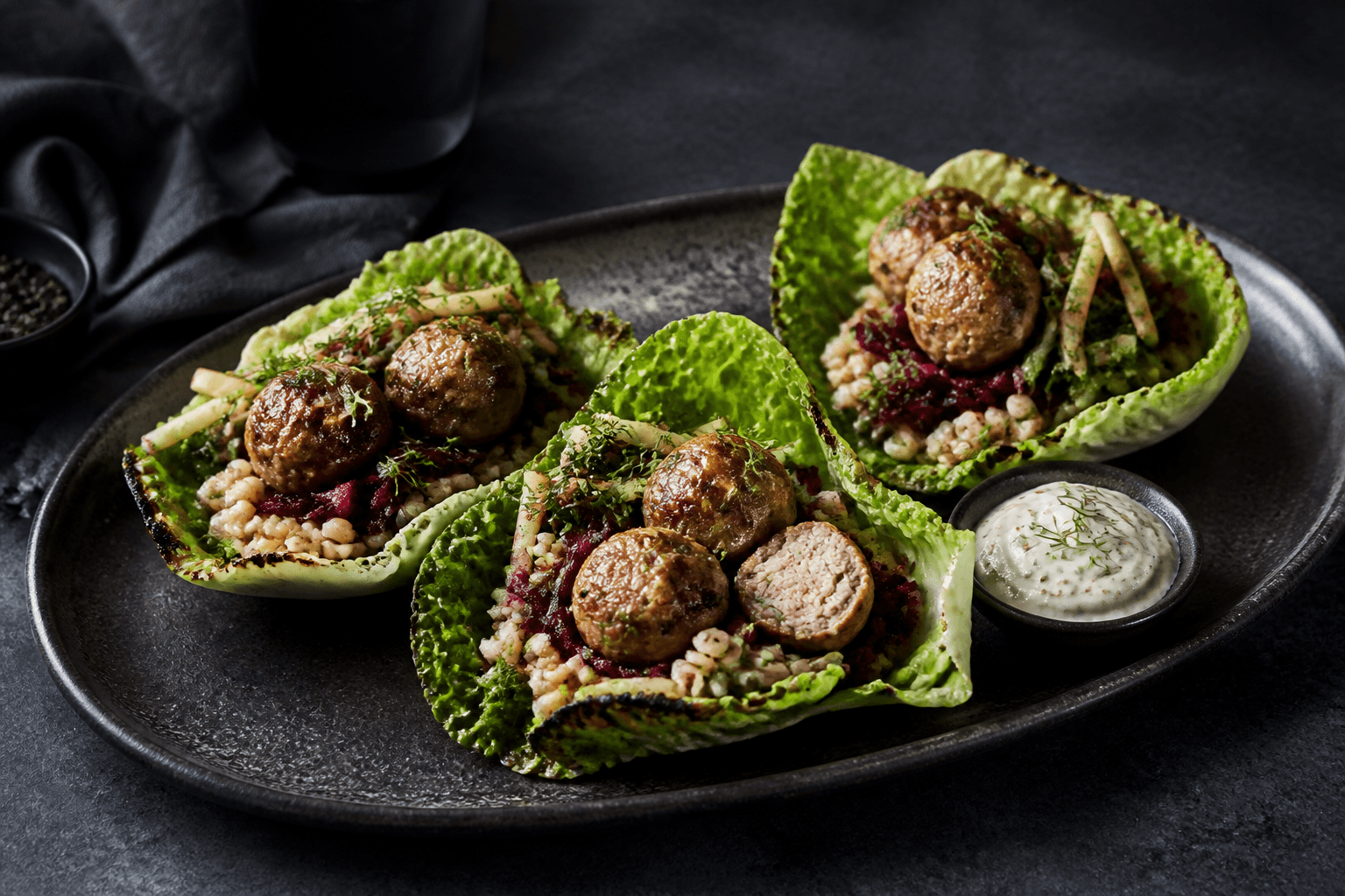 Kyllinge-rødbededeller i grillede savojkålswraps med perlebyg, æblekål og sennepsskyr