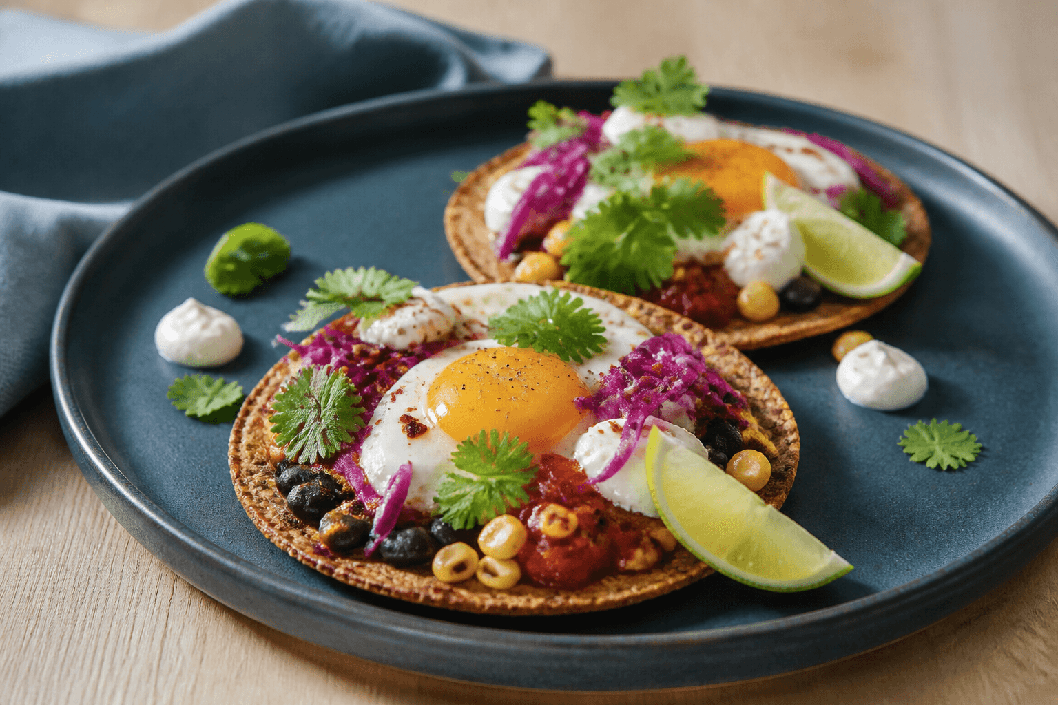 To sprøde boghvedetostadas med sorte bønner, chipotletomat, majs, gennemstegte spejlæg, syltet rødkål og skyr