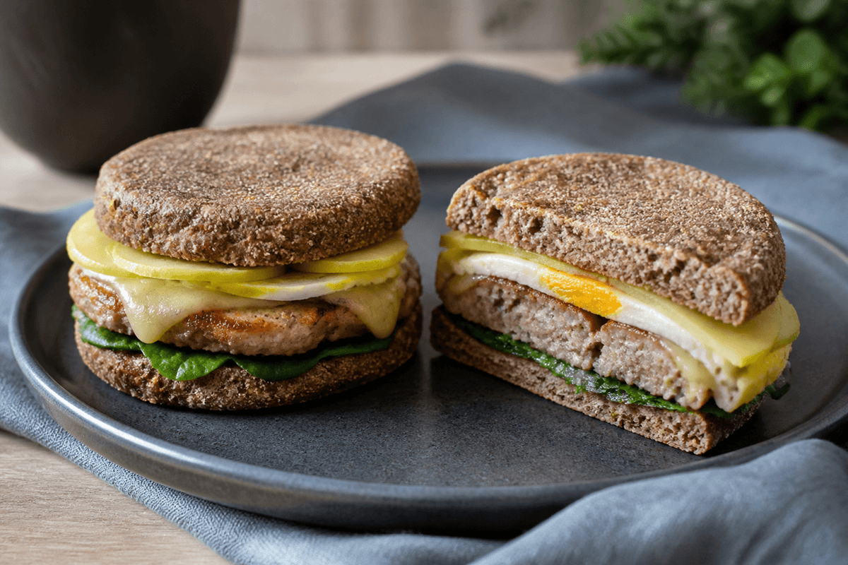 To grove rug-English muffins med gennemstegt kyllingepølse, fuldt sat æg, smeltet ost, spinat og syltet grønt æble
