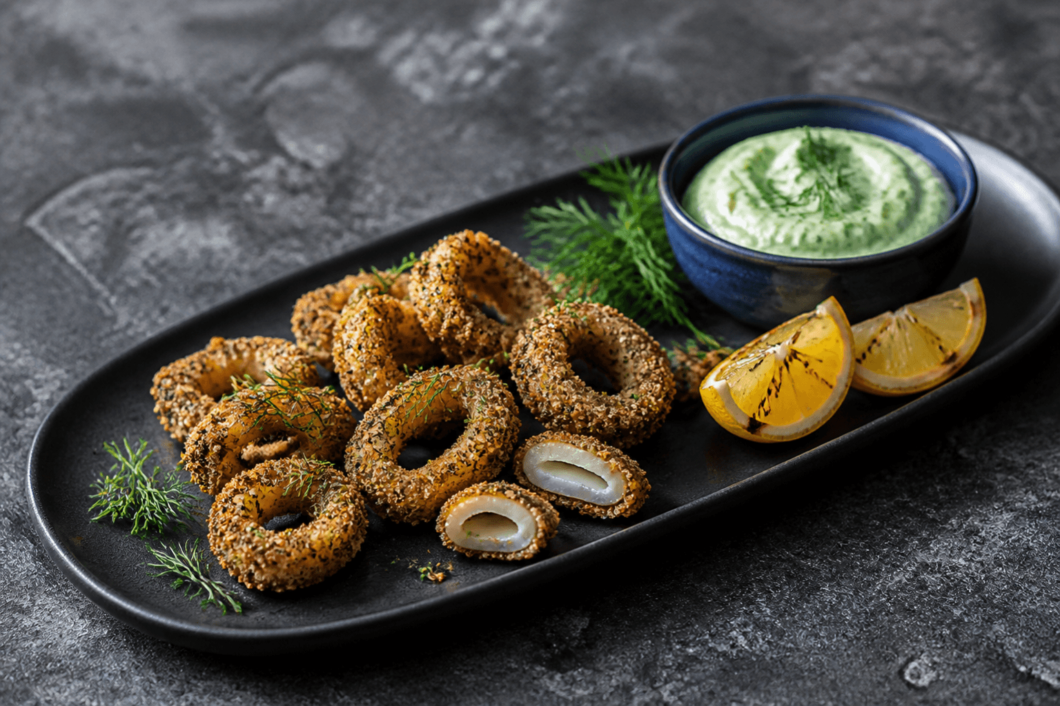 Ovnbagte calamares i mørk rug-urtepanering med grillet citron og grøn ærte-skyrdip på sort fad