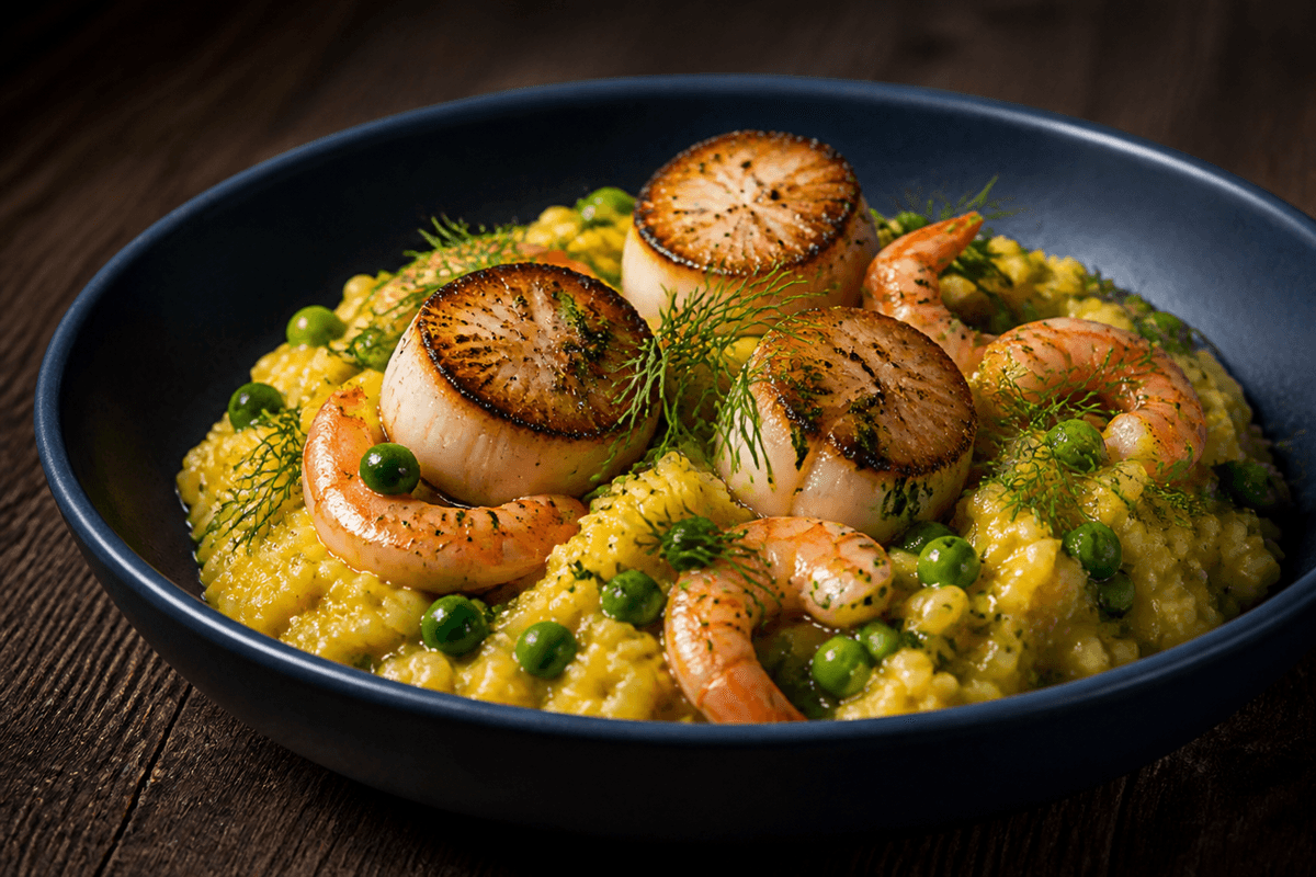 Gylden safranrisotto med brunede kammuslinger, gennemtilberedte rejer, ærter, fennikel og dild i mørkeblå skål
