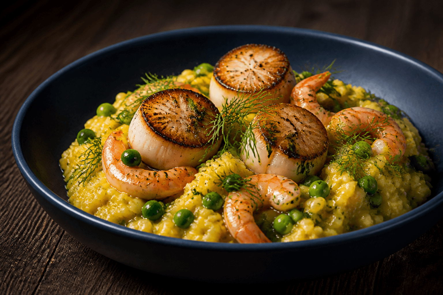 Gylden safranrisotto med brunede kammuslinger, gennemtilberedte rejer, ærter, fennikel og dild i mørkeblå skål