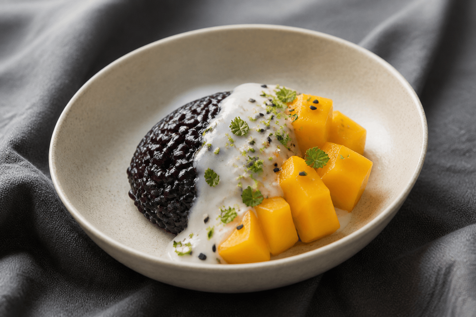 Sort lilla sticky rice med mango i tern, kokos-kardemommecreme, sesam, lime og citronmelisse i sandfarvet skål