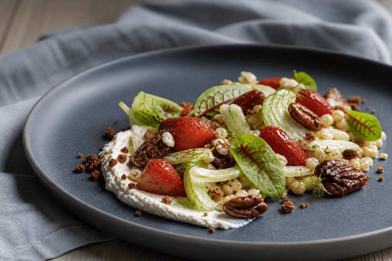Anrettet jordbærsalat med pisket feta, bagte jordbær, perlebyg, fennikel, skovsyre og rugglaserede pekannødder på blåsort tallerken
