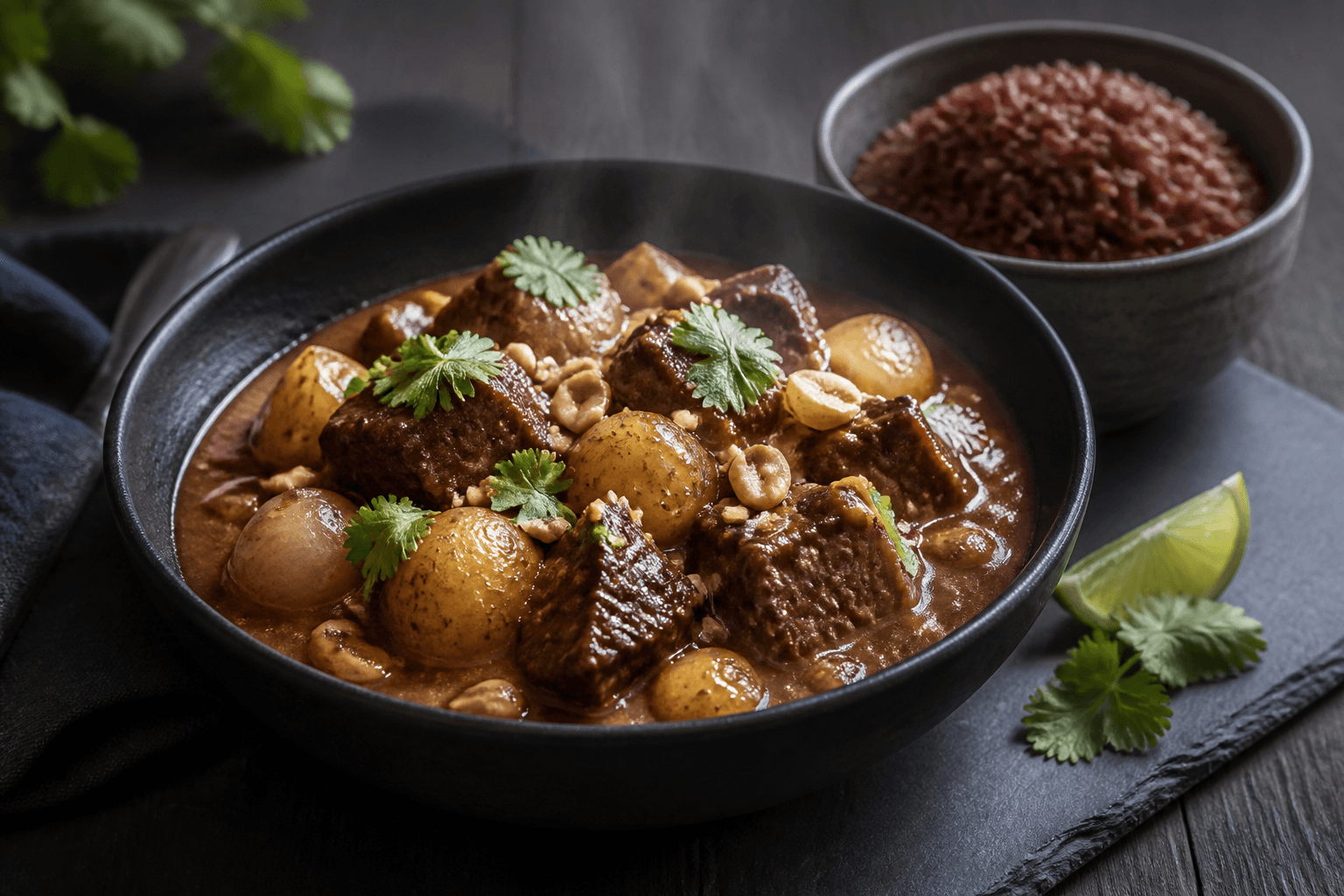 Dyb brun massaman curry med braiseret oksekød, små kartofler, perleløg og jordnødder i sort skål med røde ris