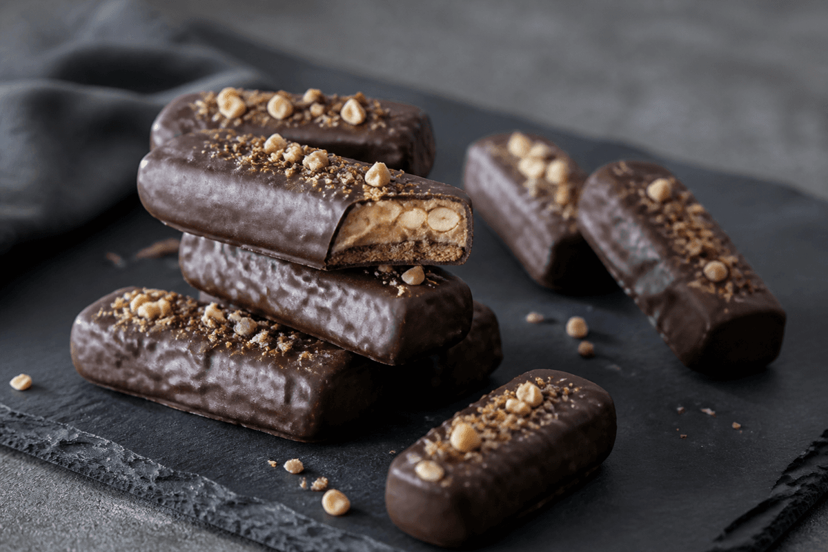 Rektangulære hjemmelavede P-tærtebarer med mørk chokolade, blød jordnøddefyldning og sprødt rugknas på sort skifer