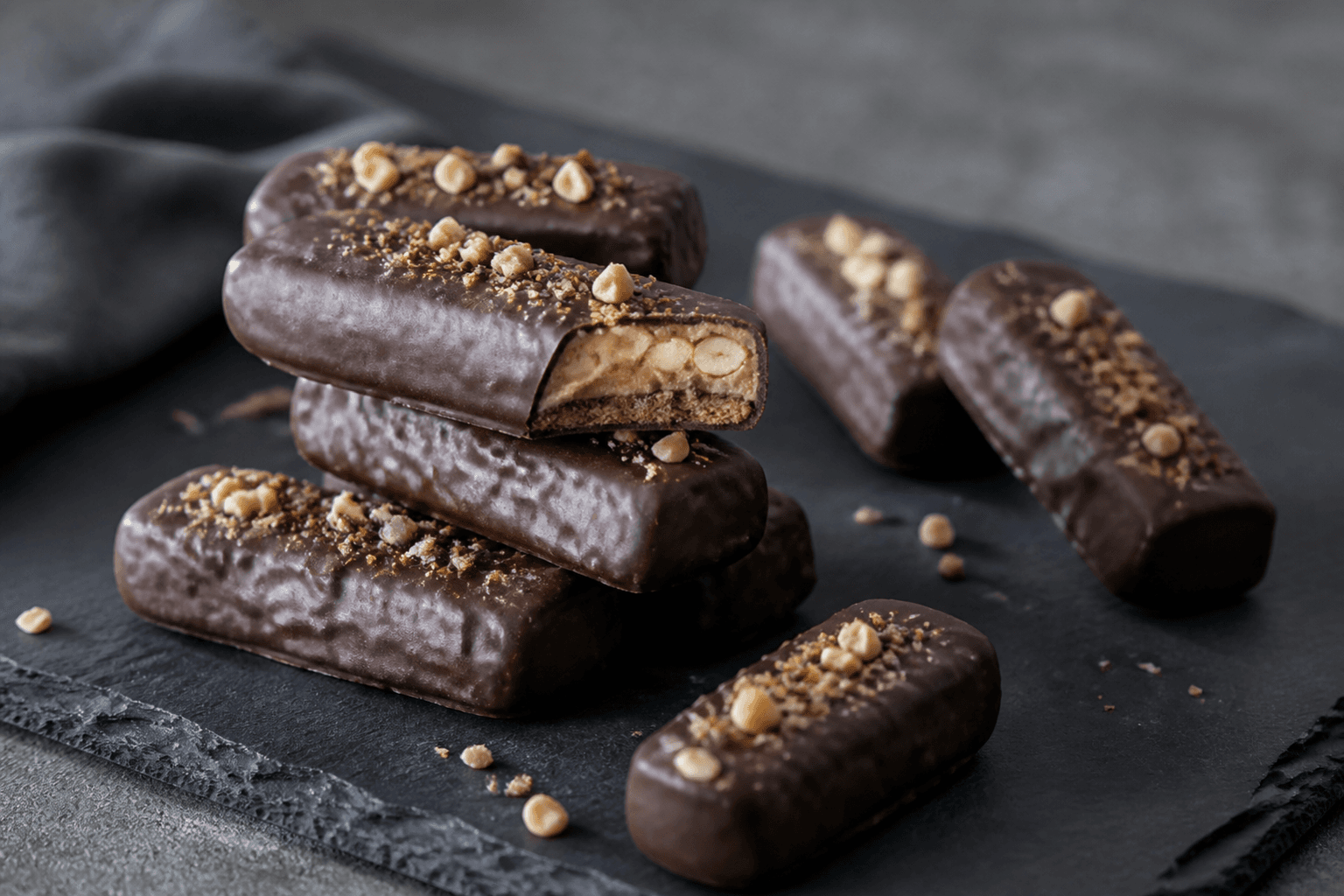 Rektangulære hjemmelavede P-tærtebarer med mørk chokolade, blød jordnøddefyldning og sprødt rugknas på sort skifer