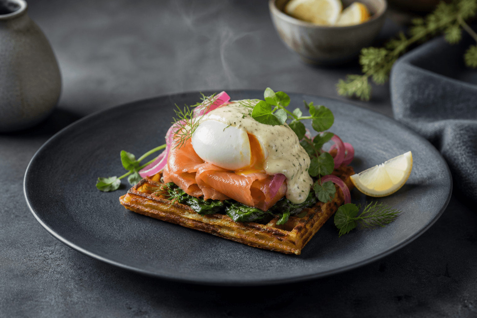 Nordisk Egg Benedict på sprød kartoffel-rugvaffel med røget laks, spinat, pocheret æg og dildhollandaise