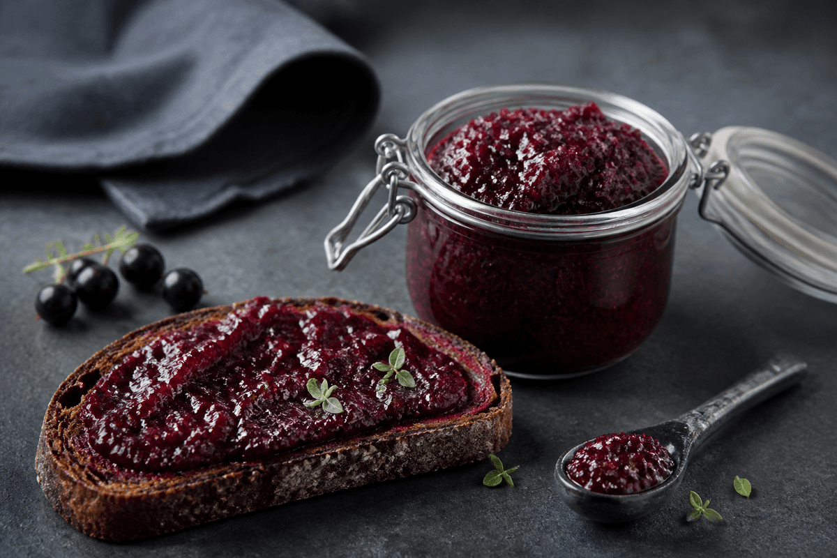 Mørk rabarber-solbærmarmelade i lille patentglas med ristet rugbrød, stenske og citrontimian på skifer