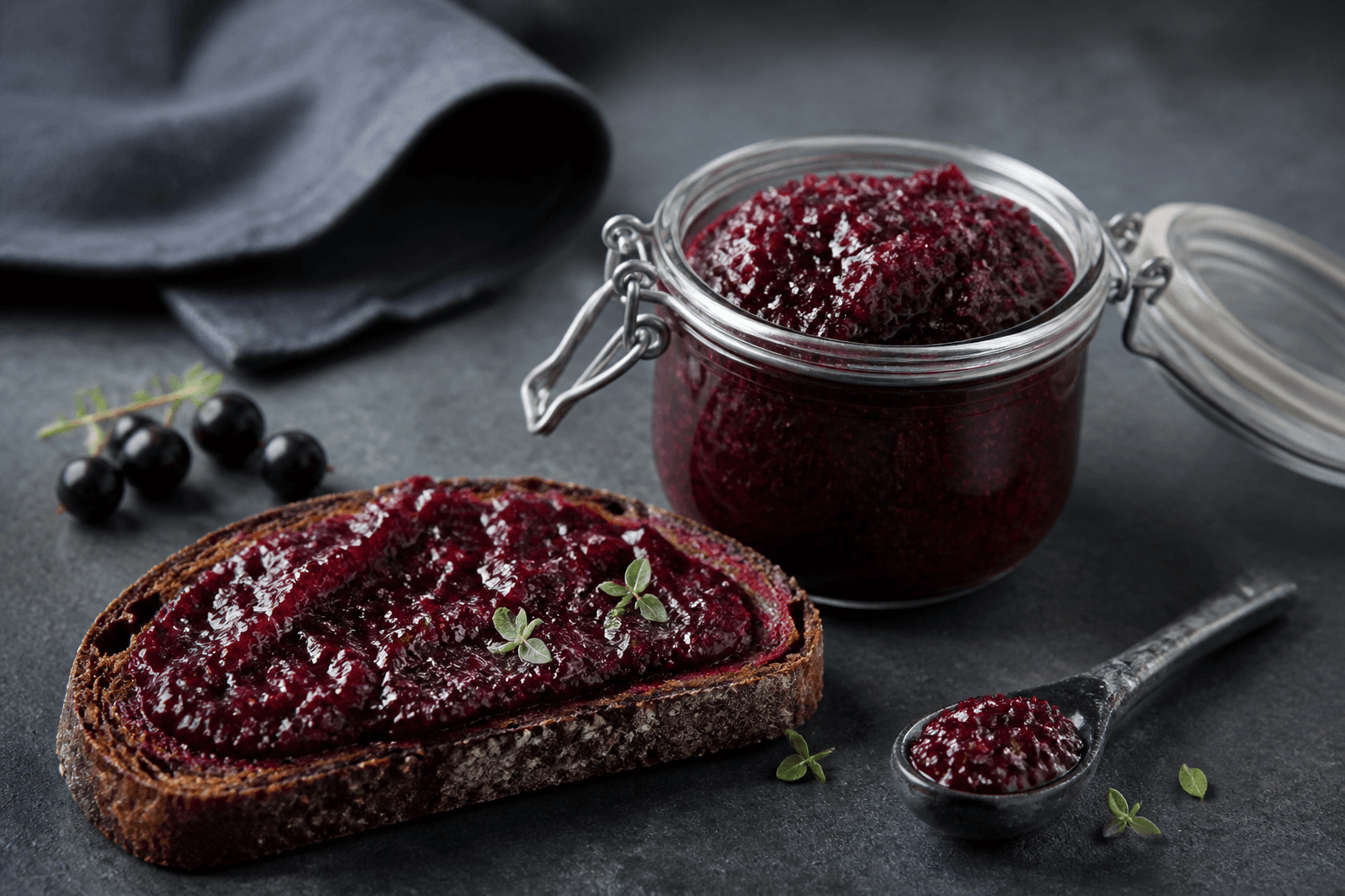 Mørk rabarber-solbærmarmelade i lille patentglas med ristet rugbrød, stenske og citrontimian på skifer