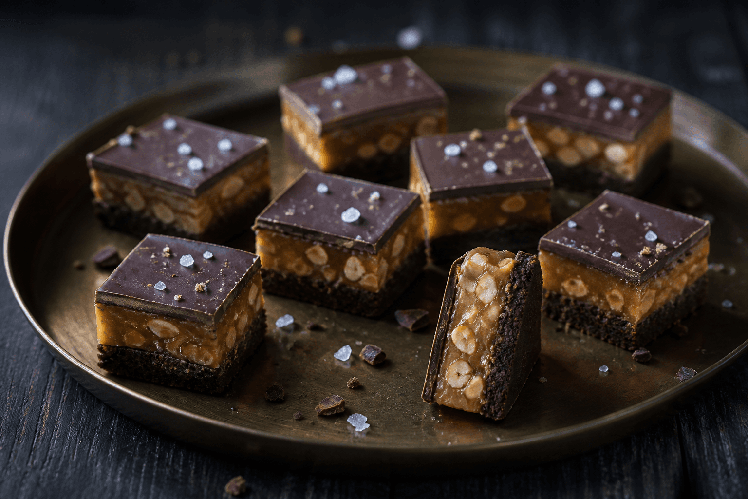 Firkantede Snickers-snitter med mørk kakaorugbund, dadel-jordnøddekaramel og tynd mørk chokoladetop på messingfad