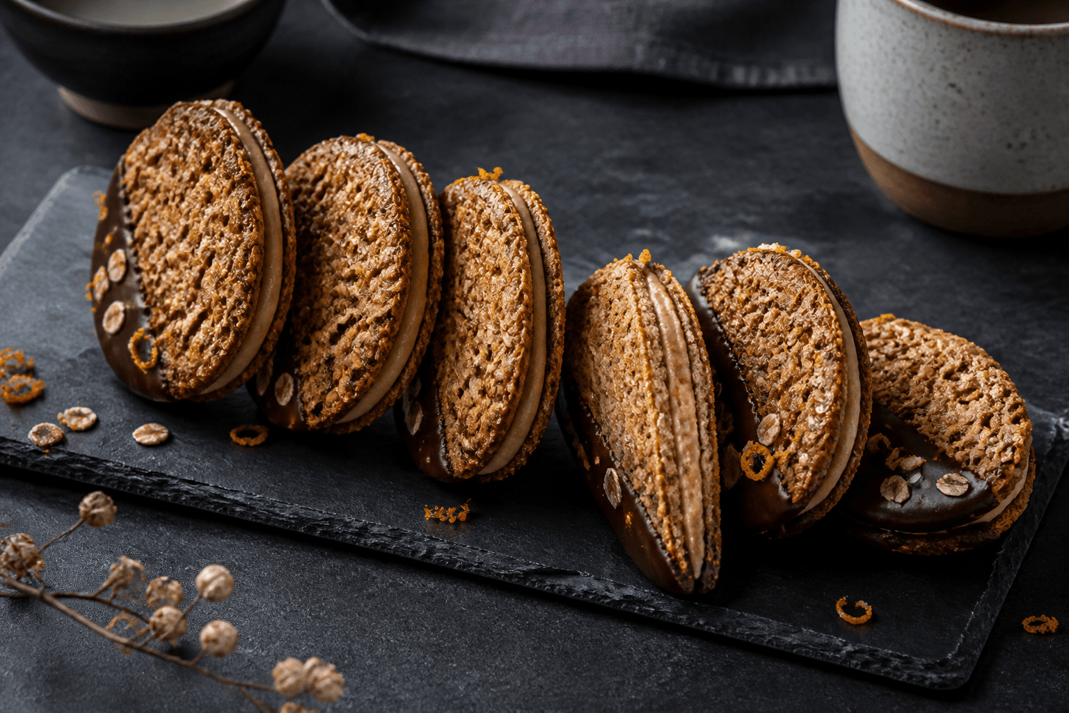 Små sprøde havre-rug-sandwichkager med mokka-brunet smørcreme, mørk chokolade og appelsinskal på sort skifer