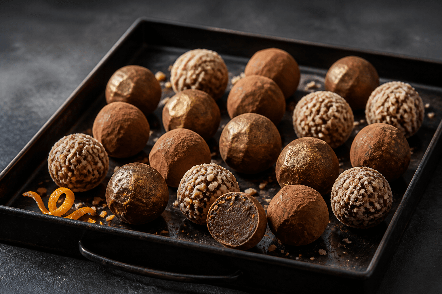 Grand Marnier-trøfler med kakao, hasselnødder, diskret guld og et åbent mørkt appelsinchokoladefyld på sort metalfad