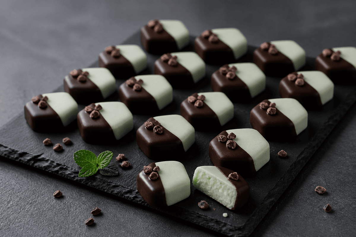 Lyse mintgrønne sekskantede pebermyntepastiller halvt dyppet i mørk chokolade med kakaonibs på sort skifer