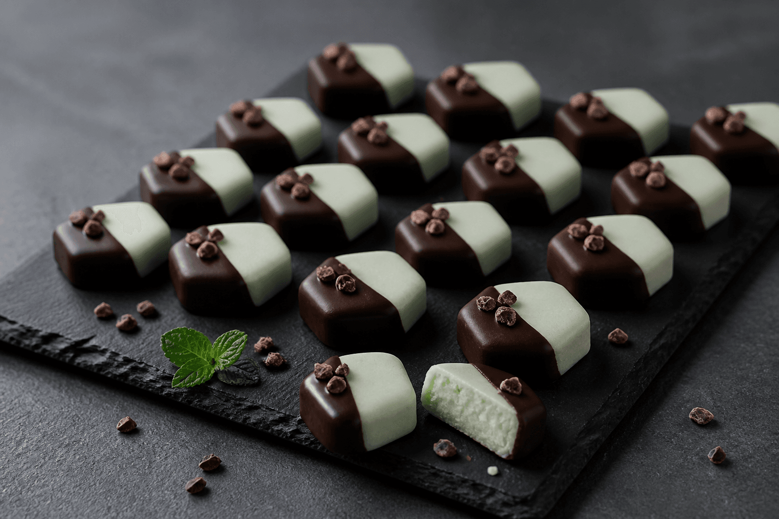 Lyse mintgrønne sekskantede pebermyntepastiller halvt dyppet i mørk chokolade med kakaonibs på sort skifer