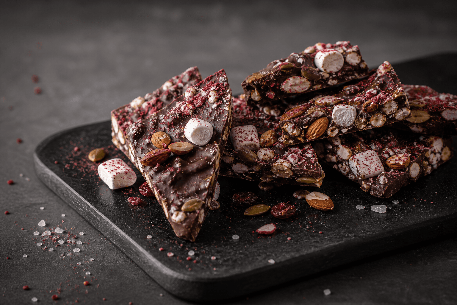 Uregelmæssige rocky road-chokoladeskår med puffet rug, mandler, græskarkerner, tranebær og skumfiduser på sort sten