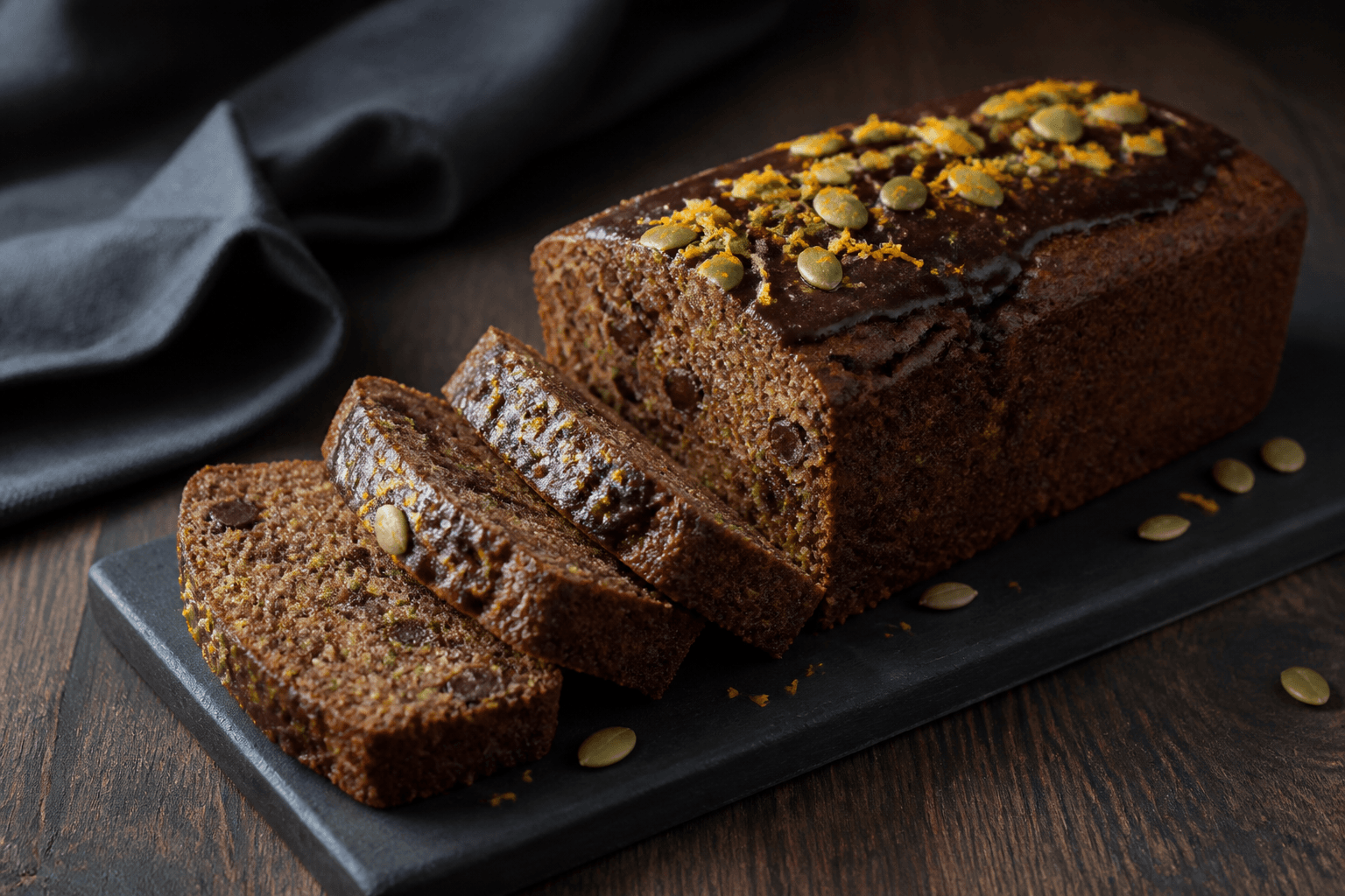 Rektangulær mørk squashkage med rug, appelsin, chokoladestykker, tynd mørk glasur og græskarkerner på sort bræt